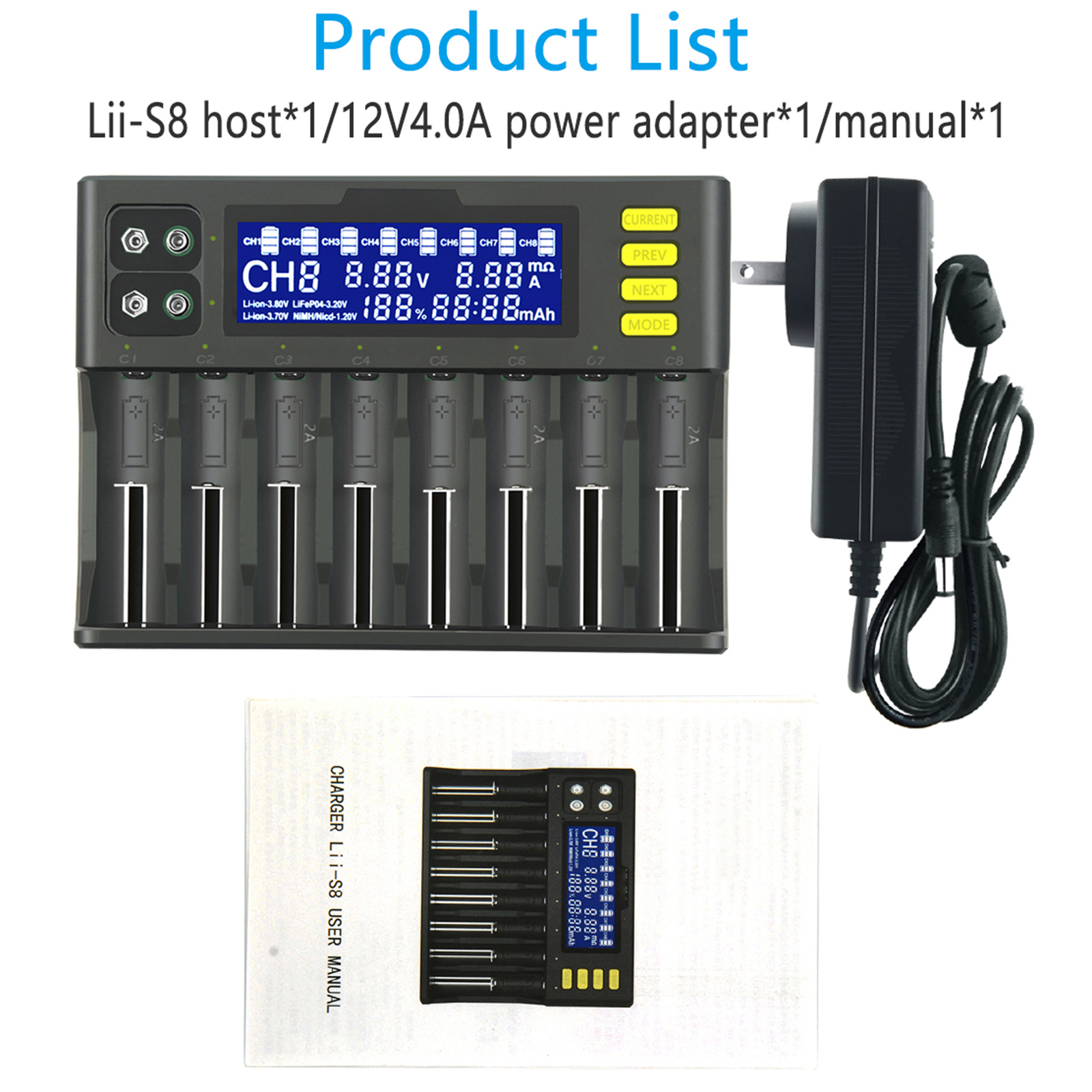 Bộ sạc pin LiitoKala lii-S8 Li-ion 3.7V NiMH 1.2V Li-FePO4 3.2V IMR 3.8V sạc cho 18650 26650 21700 26700 AA AAA