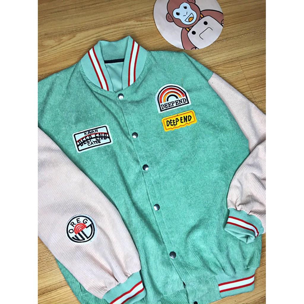 Áo khoác Bomber nữ, chất nhung gân, màu xanh cốm , kiểu dáng thêu logo cực xinh, áo khoác chống nắng (kèm ảnh thật