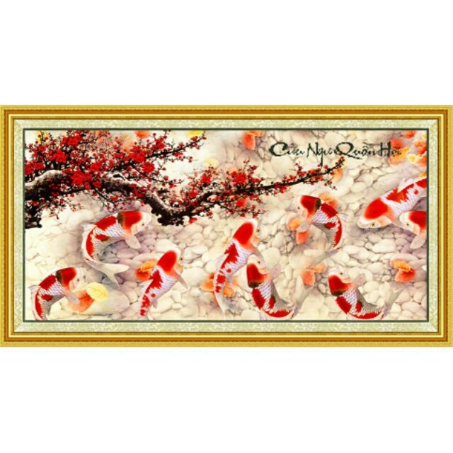 Tranh đính đá Cửu ngư quần hội 128x65cm - chưa đính