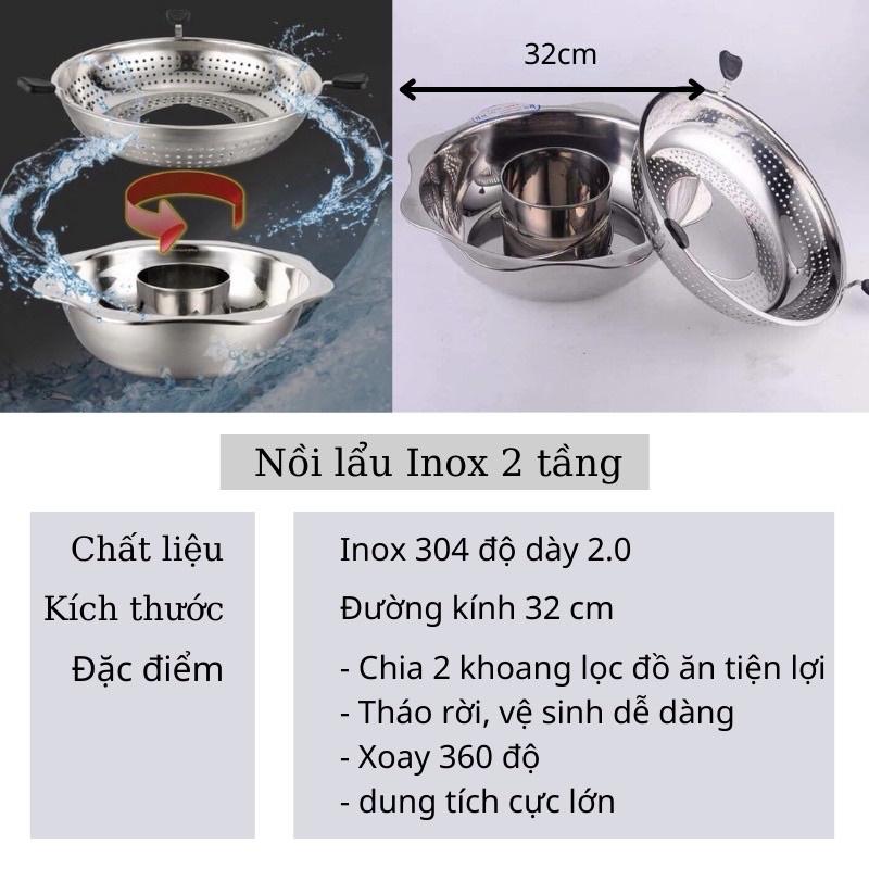 Nồi lẩu inox xoay 2 tầng Hàn Quốc, Nồi lẩu đa năng 2 ngăn dùng được cả bếp từ và bếp gas, Xoong ăn lẩu inox 304