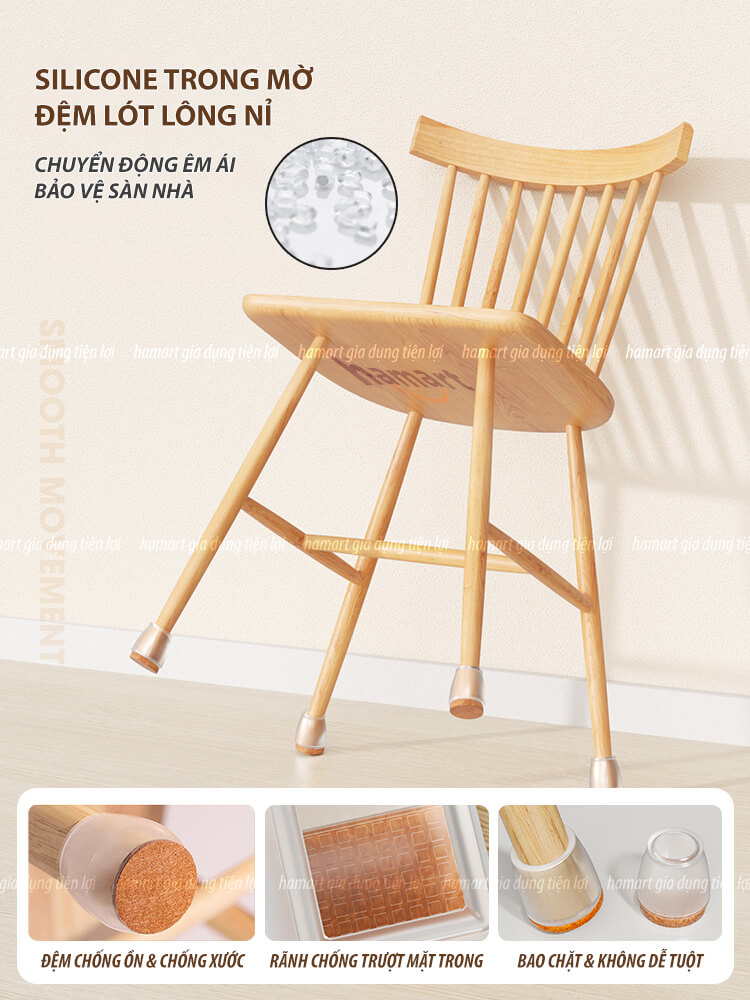 SET 4 Đệm Lót Chân Bàn Ghế Vuông Tròn Chống Ồn Hamart Bọc Chân Ghế Gỗ Silicone Chống Xước Sàn Nhà