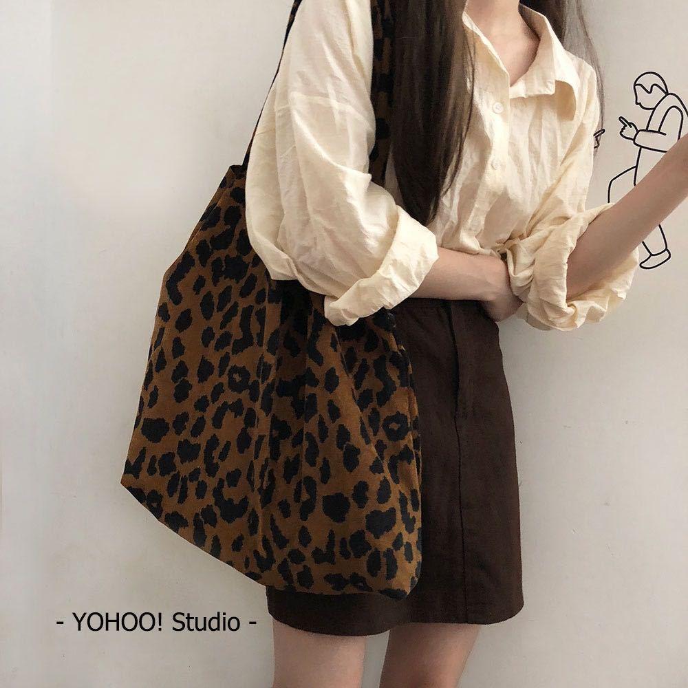Leopard print bag women's corduroy one-shoulder multifunctional canvas bag