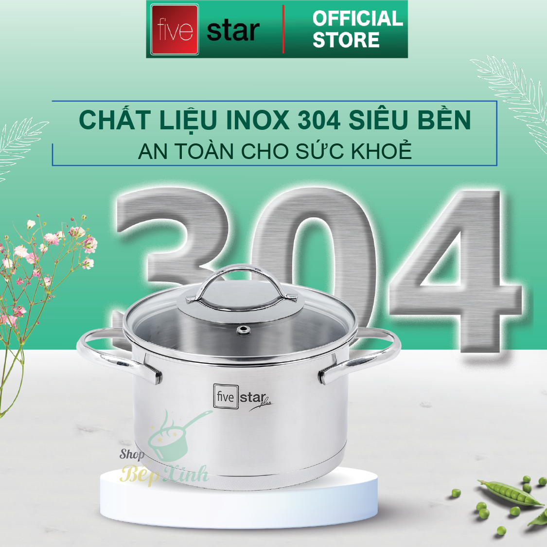 Bộ nồi quánh 3 đáy inox 304 cao cấp Fivestar Plus quai oval kiểu Silit 5 món nắp kính , tặng 1 vá inox