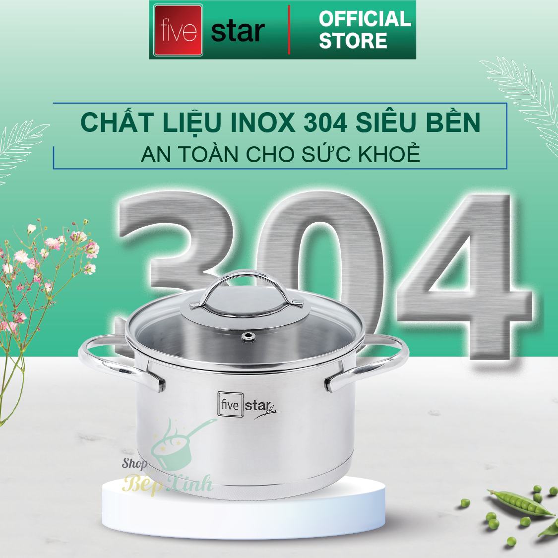 Bộ nồi inox 304 cao cấp FIVESTAR Plus quai oval kiểu Silit 5 món nắp kính