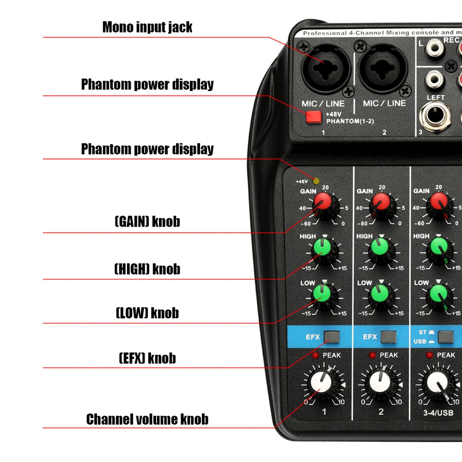 4 Channel USB Audio Mixer Mixing Console Sound Card Small Mixer Black