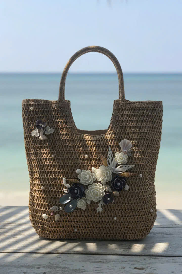 Giỏ Cói Giấy Mềm Dáng Tote Gắn Vỏ Sò, Giỏ Cói Tote Lan Châu ACC142