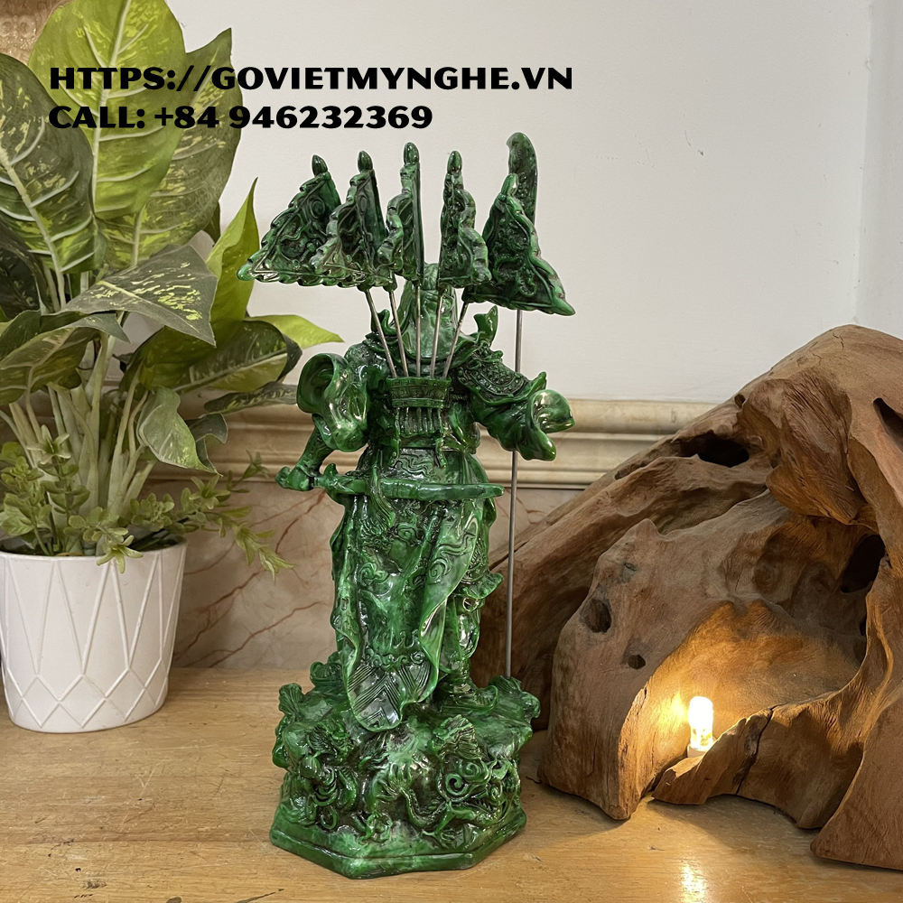 Tượng đá trang trí phong thủy tượng Quan Công cầm đao Ngũ Long - Cao 30cm - Màu Xanh Lục Bích