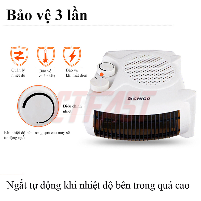 Máy sưởi điện mini CTFAST CHIGO 180 : Quạt cá nhân công suất lớn 2000W, làm nóng nhanh, điều  chỉnh 3 tốc độ, sử dụng an toàn, bảo vệ chống quá nhiệt, diện tích sử dụng 20 m2 - Hàng chính hãng