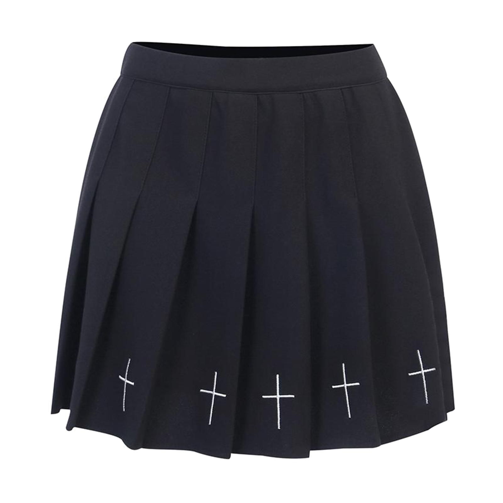 Girls Punk Cross Embroidery Skirts Pleated Women High Waist Mini Skirts Cross Female Black Skirts Cosplay Costumes Skirts