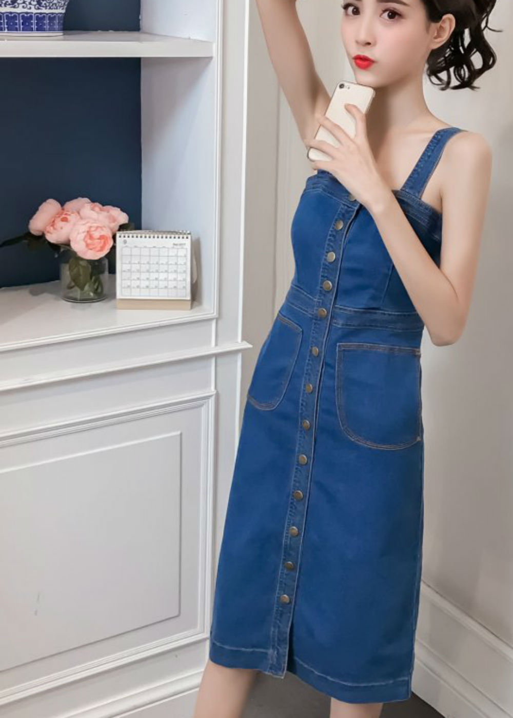 Đầm Yếm Jean Nữ Form Dài Phối Túi D778 - Xanh (Size