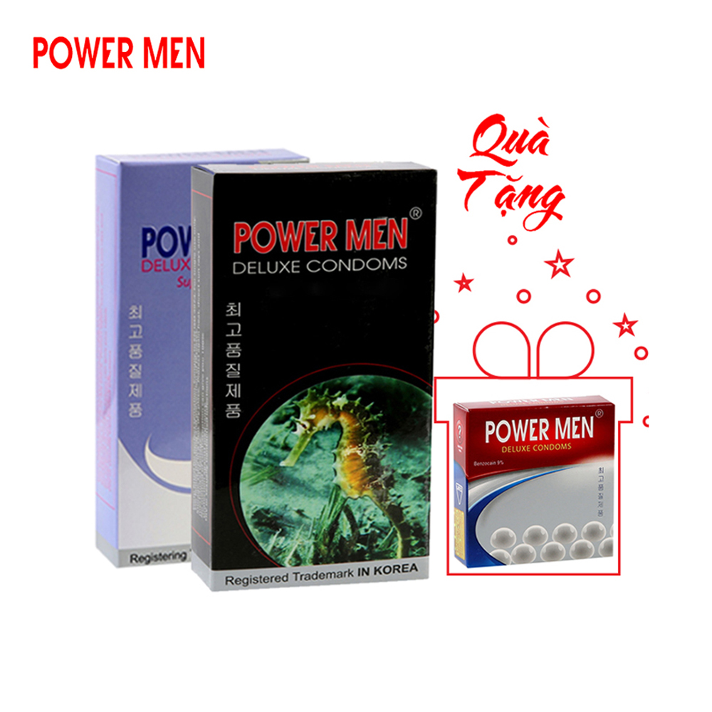 Combo bao cao su Powermen cá ngựa kéo dài thời gian, gai gân Hộp 12 bcs + Bao cao su Superthin siêu mỏng (12 cái) - che tên khi giao hàng