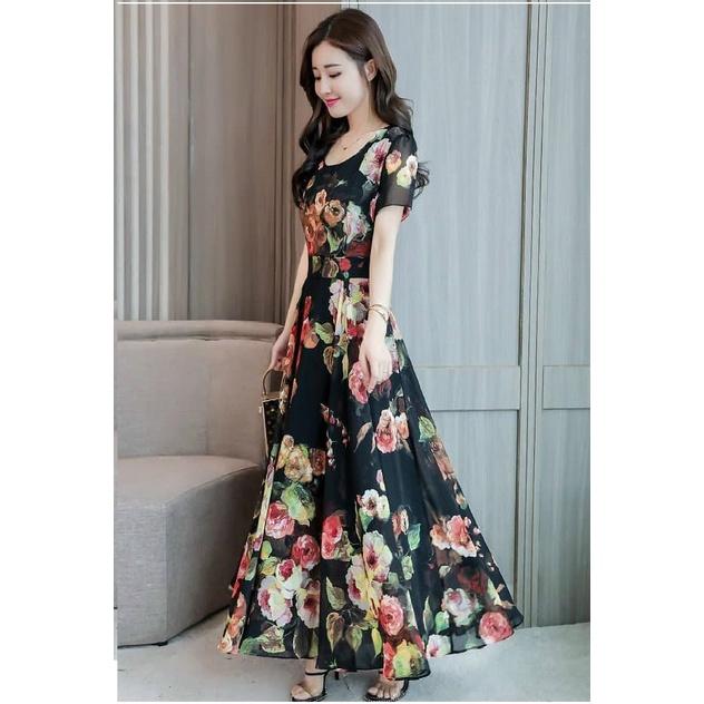 ĐẦM XÒE HỌA TIẾT HOA HỒNG