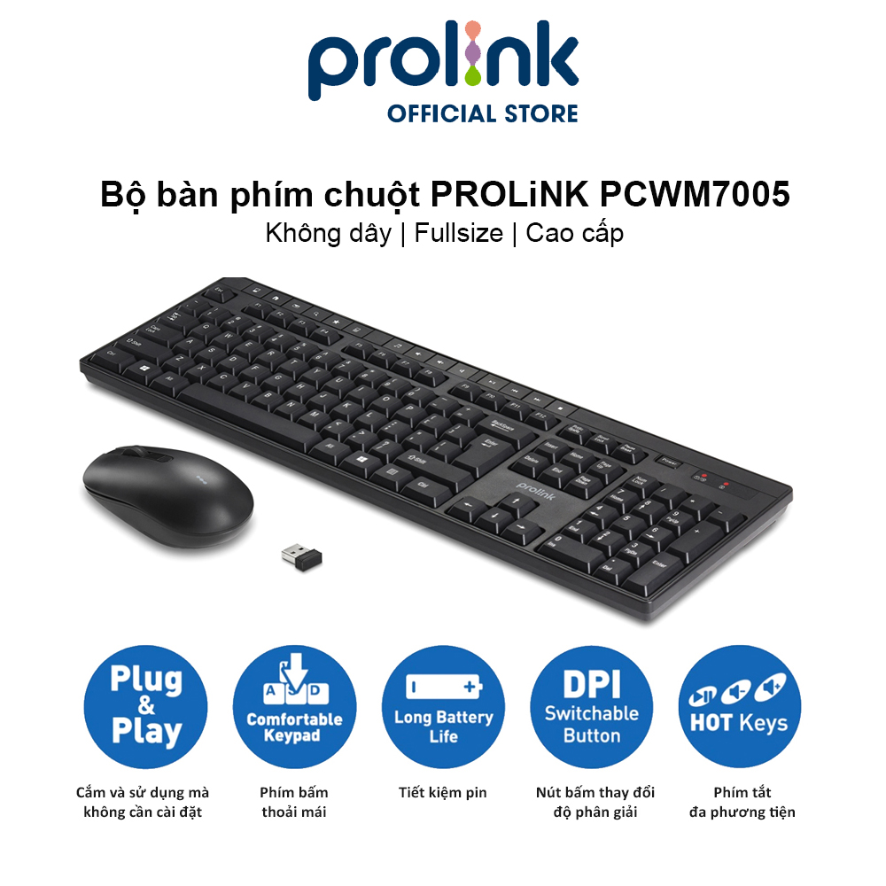 Bộ bàn phím chuột không dây PROLiNK PCWM7005 Fullsize cao cấp, chống thấm nước, thời lượng pin cao dành cho PC, Laptop - Hàng chính hãng