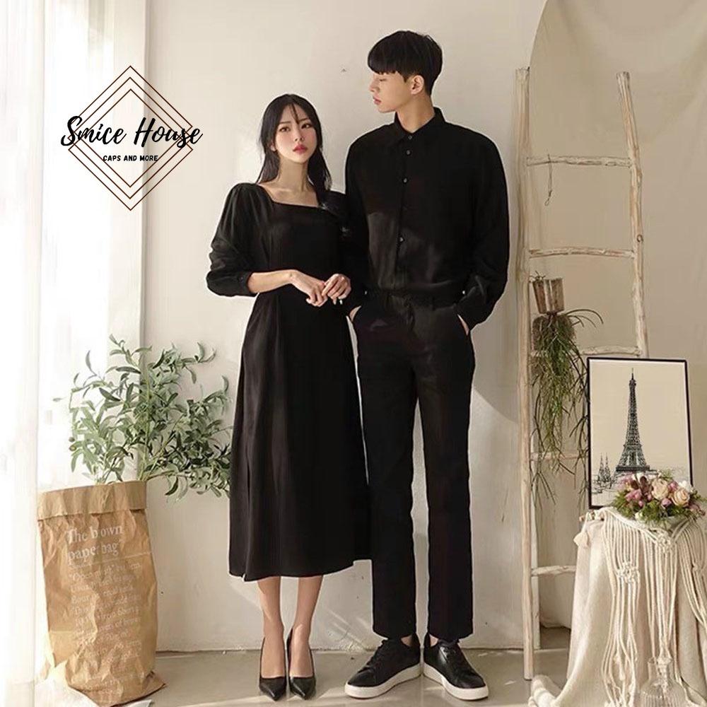 Set áo đầm đôi sơ mi đầm nữ dáng dài phong cách Hàn Quốc áo cặp tình nhân đi biển đi chơi chụp hình cưới
