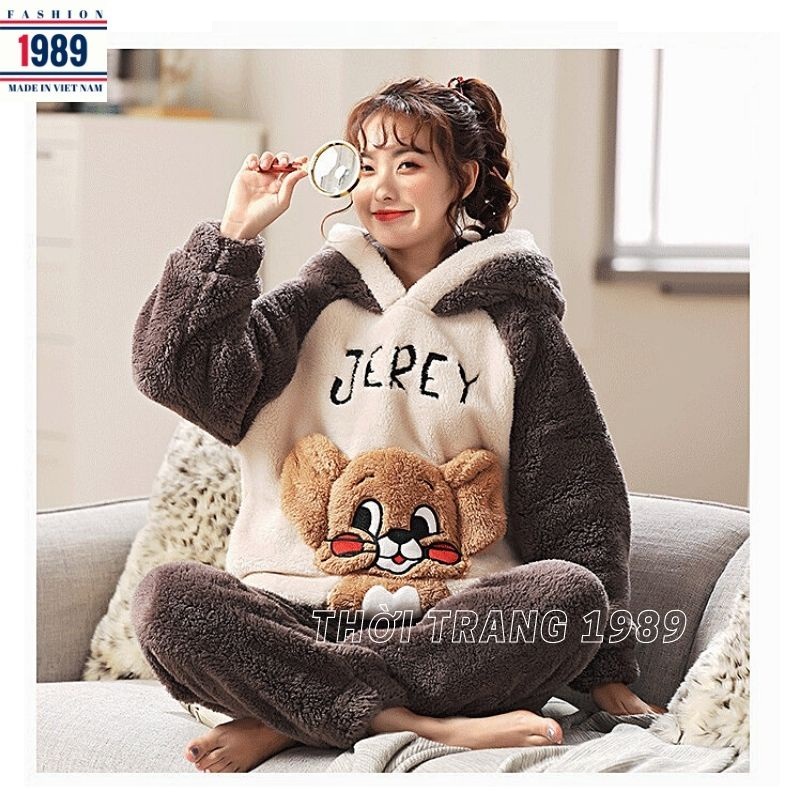 Bộ mặc nhà nữ,bộ ngủ lông thêu gấu dài tay 2 màu cực mềm mịn siêu ấm