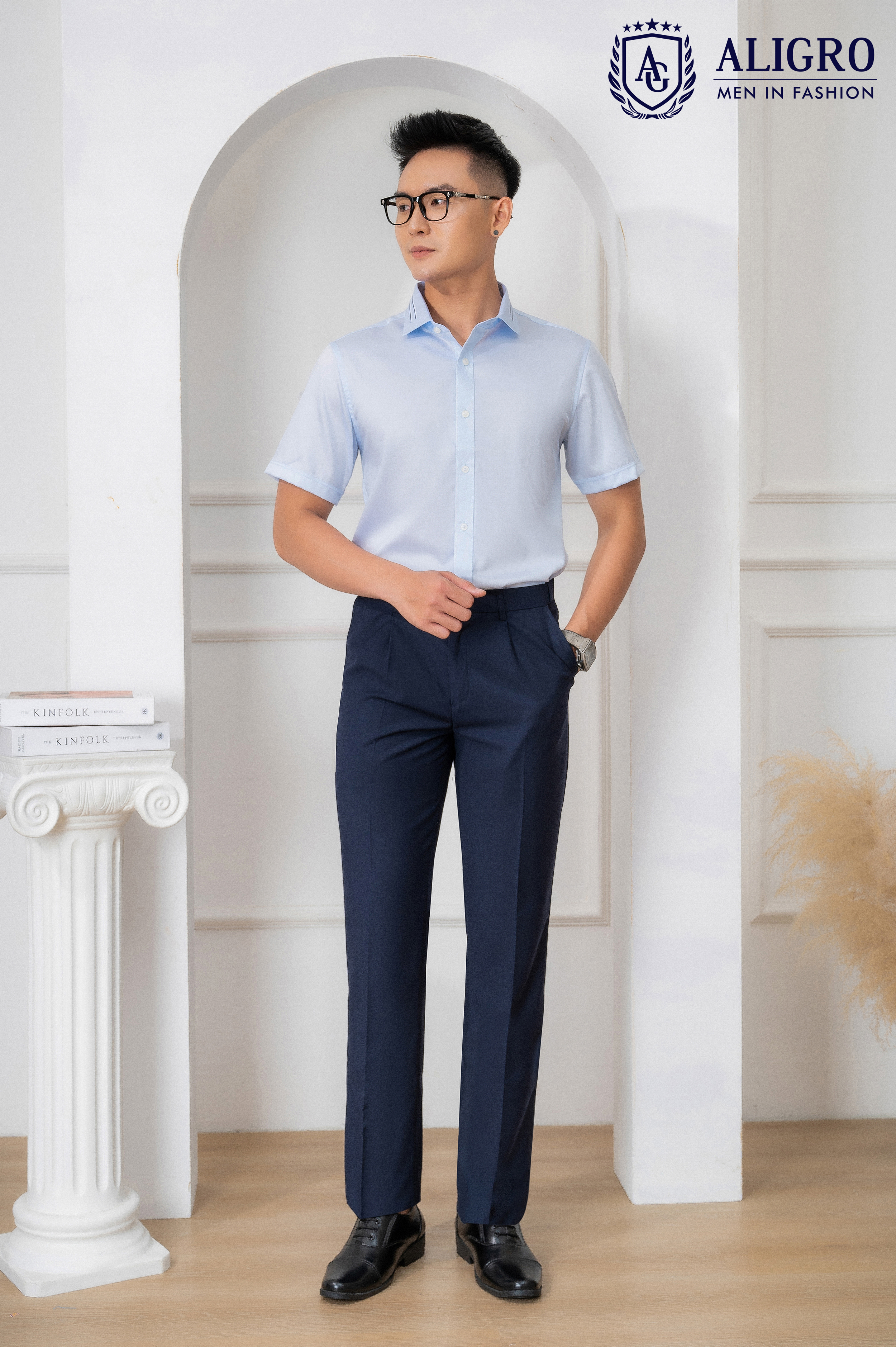 Áo sơ mi nam ngắn tay ALIGRO màu xanh vải cotton chống nhăn, kháng khuẩn cao cấp form slim vừa công sở ALGS-C114