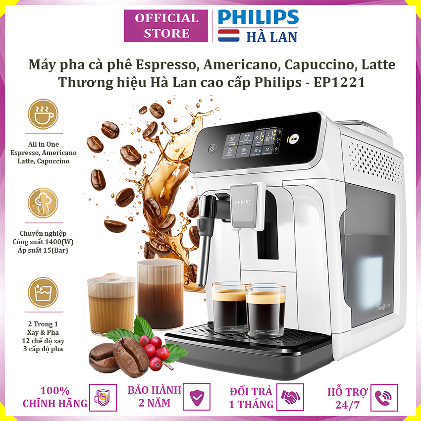 Máy pha cà phê Espresso, Americano tự động và Capuccino, Latte thương hiệu Hà Lan cao cấp Philips EP1221/69 - Hàng nhập khẩu