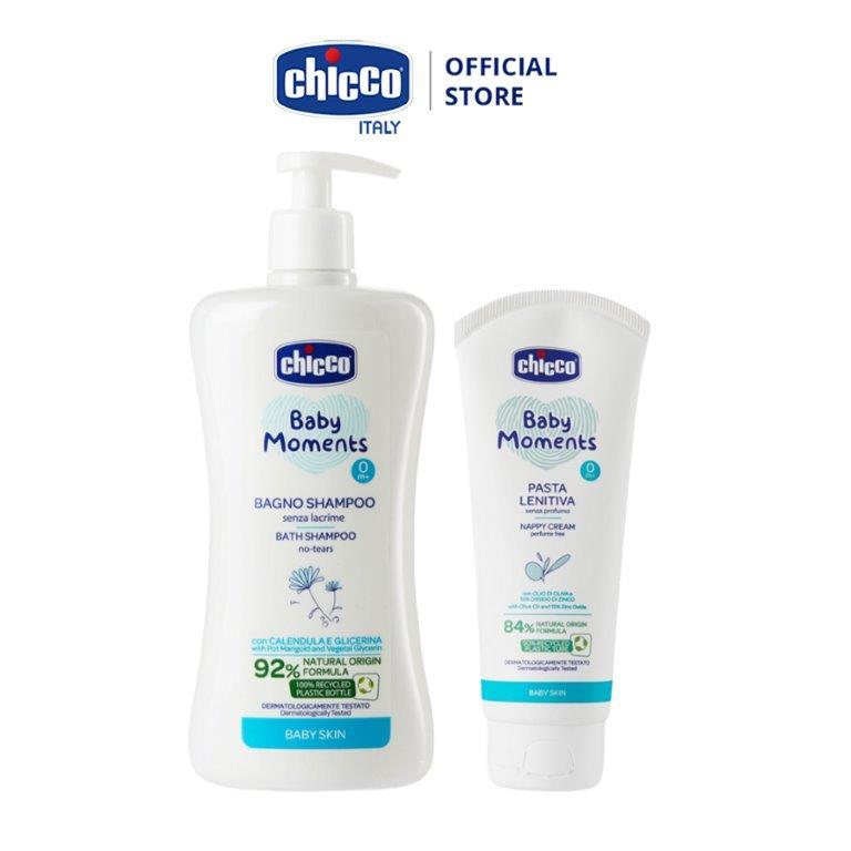 Combo Sữa tắm gội chiết xuất Hoa cúc 0M+ Chicco 500ml + Kem hăm 3 tác động Chicco 0M+ 100ml (mới)