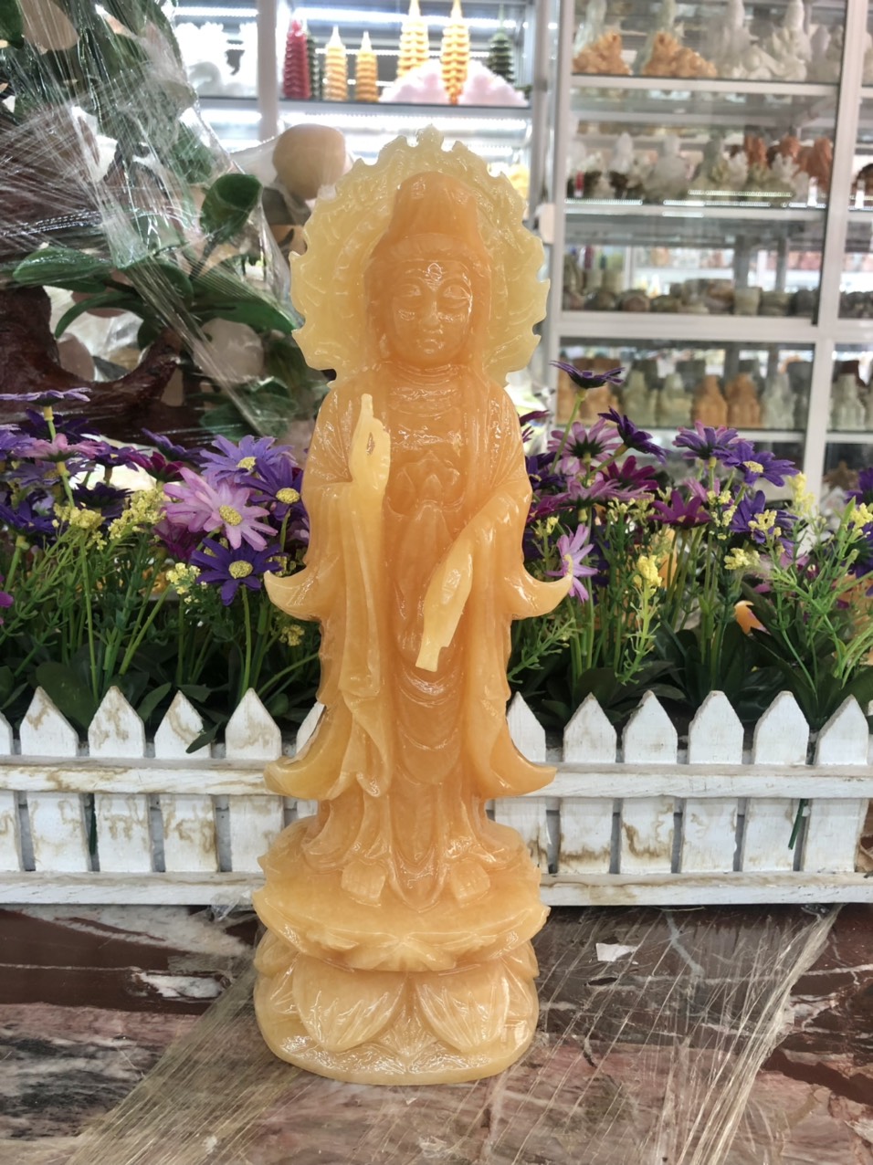Tượng Phật Bà Quan Thế Âm Bồ Tát có hào quang đứng đài sen đá ngọc hoàng long - Cao 30 cm