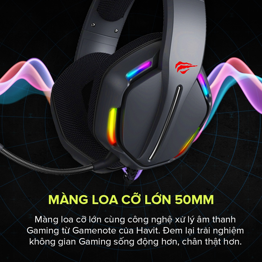 Tai Nghe Gaming Headphone HAVIT H2012D, Driver 50mm, Đèn RGB 36 Chế Độ Màu, Mic Khử Ồn - Hàng Chính Hãng