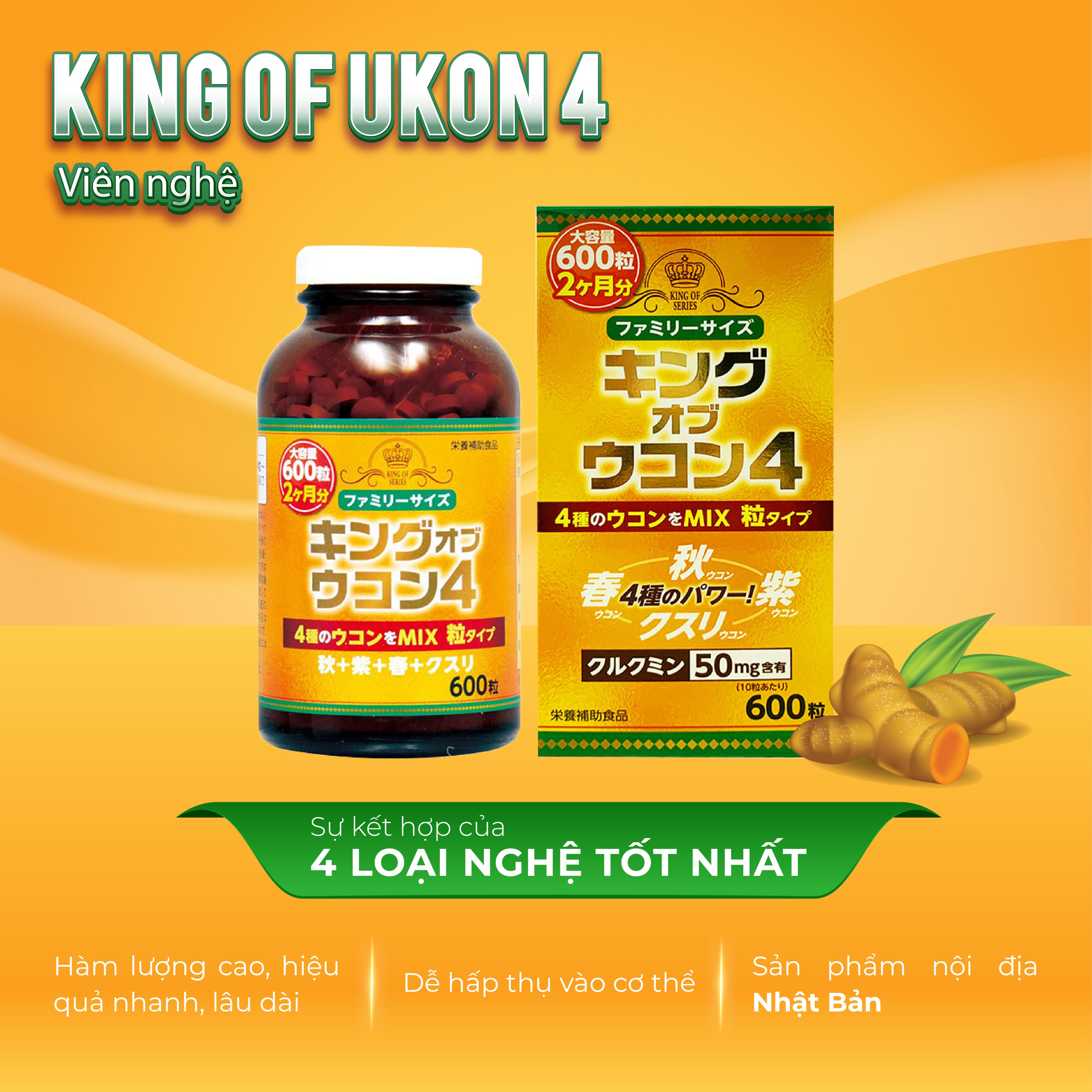 Viên uống chiết xuất nghệ Nhật Bản King Ukon - lọ 600 viên. Thực phẩm chức năng hỗ trợ bệnh lý tiêu hóa, cải thiện chức năng gan