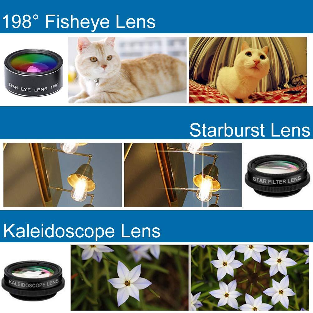 Bộ ống kính camera 7 trong 1 điện thoại, ống kính phổ quát, ống kính mắt cá 198 °, góc rộng 0,63x, ống kính macro 15 lần, CPL, kính vạn hoa, ống kính táo bạo, có khóa kéo
