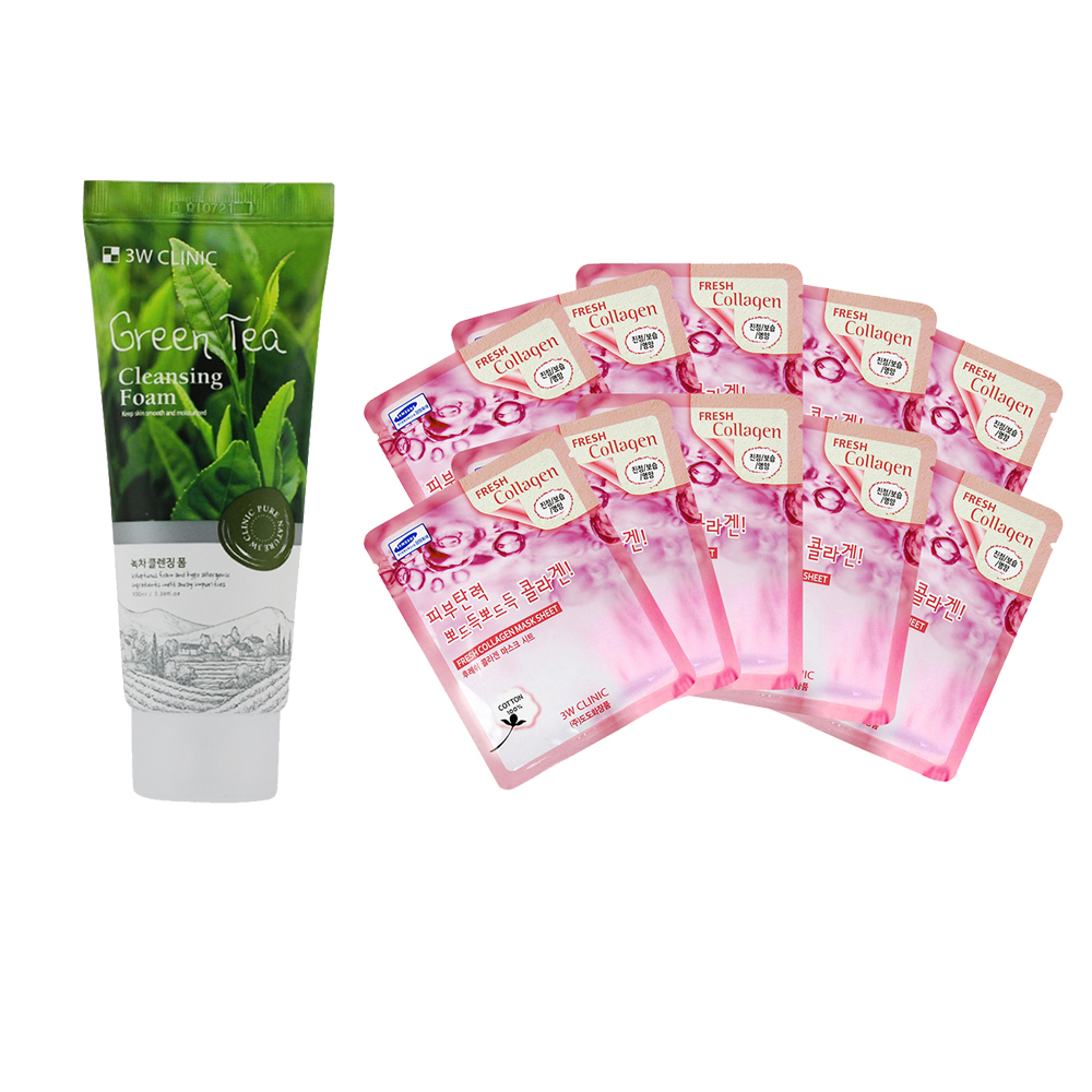 Combo Sữa rửa mặt chiết xuất từ trà xanh 3W CLINIC GREEN TEA CLEANSING FOAM và bộ 10 Gói Mặt Nạ Tái Tạo Da Từ Collagen 3w Clinic Fresh Collagen Mask Sheet