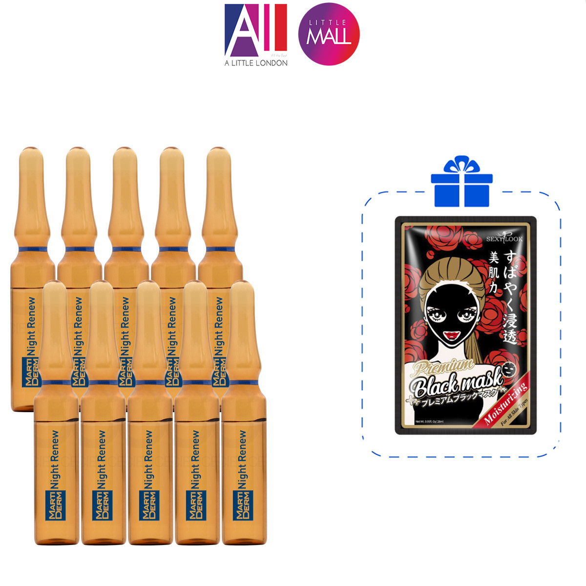 Set 10 ống tinh chất ngừa lão hóa và tái tạo da ban đêm MartiDerm Platinum Night Renew Ampoule 2ml TẶNG mặt nạ Sexylook hoa đỏ
