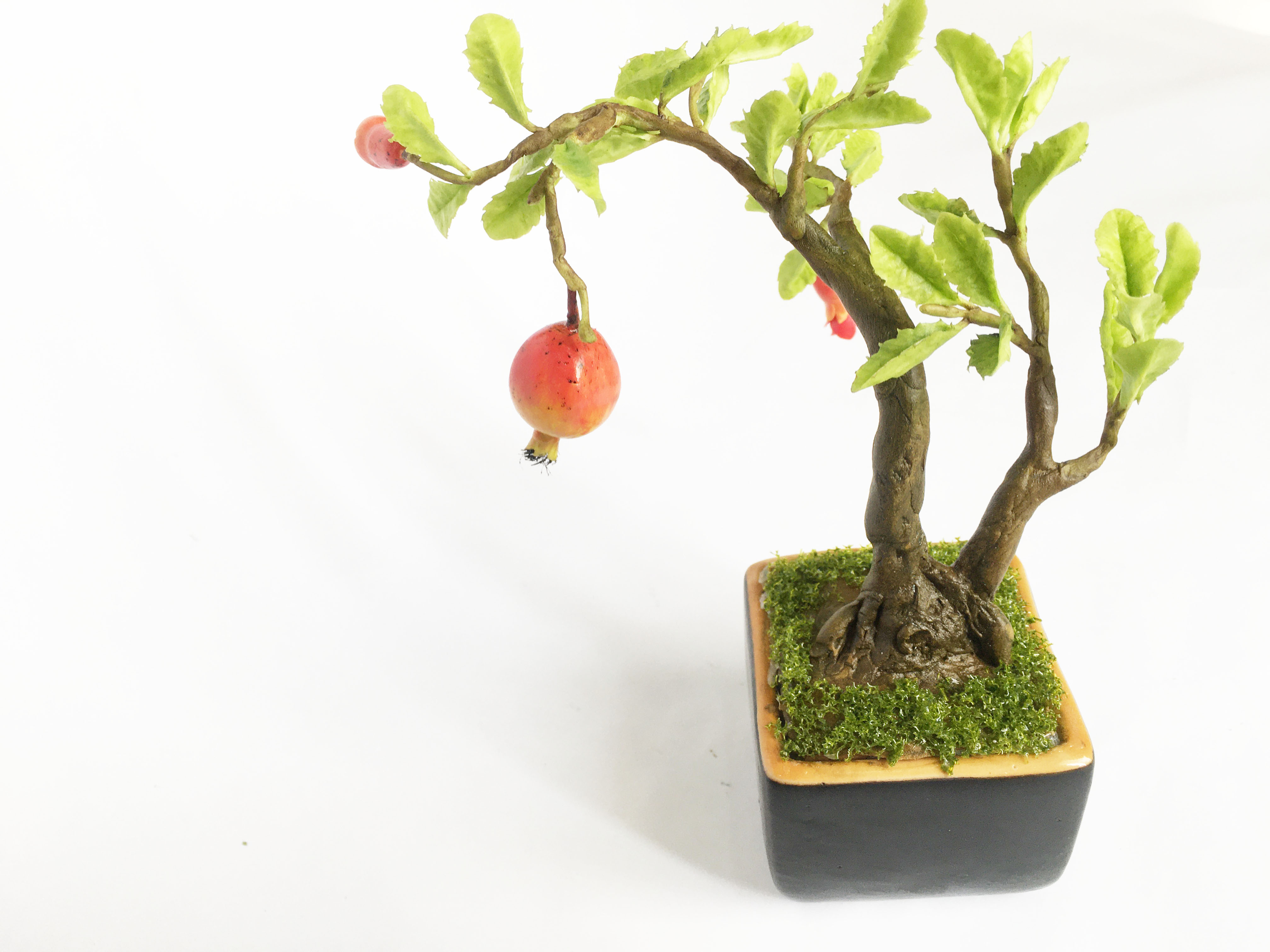 Chậu hoa đất sét mini- Bonsai lựu - Quà tặng trang trí handmade (18x10x10cm)