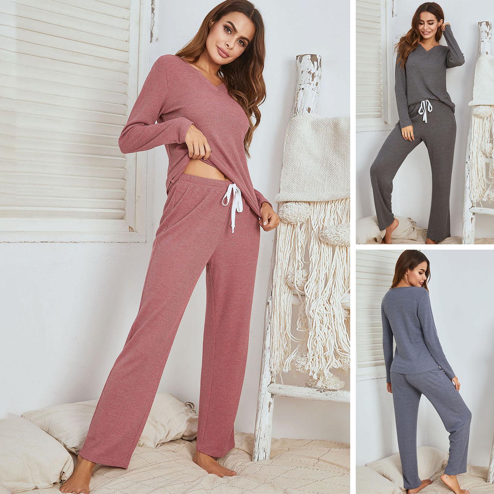 Women Pajamas Set V-Neck Long Sleeve Pullover T-shirt with Long Pants Solid Loungewear Sleepwear Home Wear