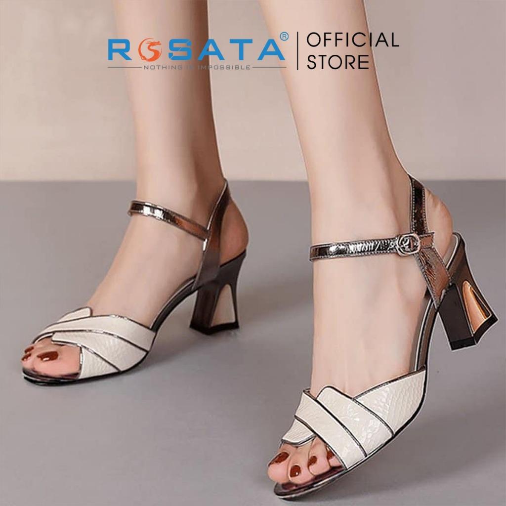 Giày sandal cao gót nữ ROSATA RO442 xỏ ngón mũi tròn quai hậu cài dây mảnh gót cao 7cm xuất xứ Việt Nam - Kem