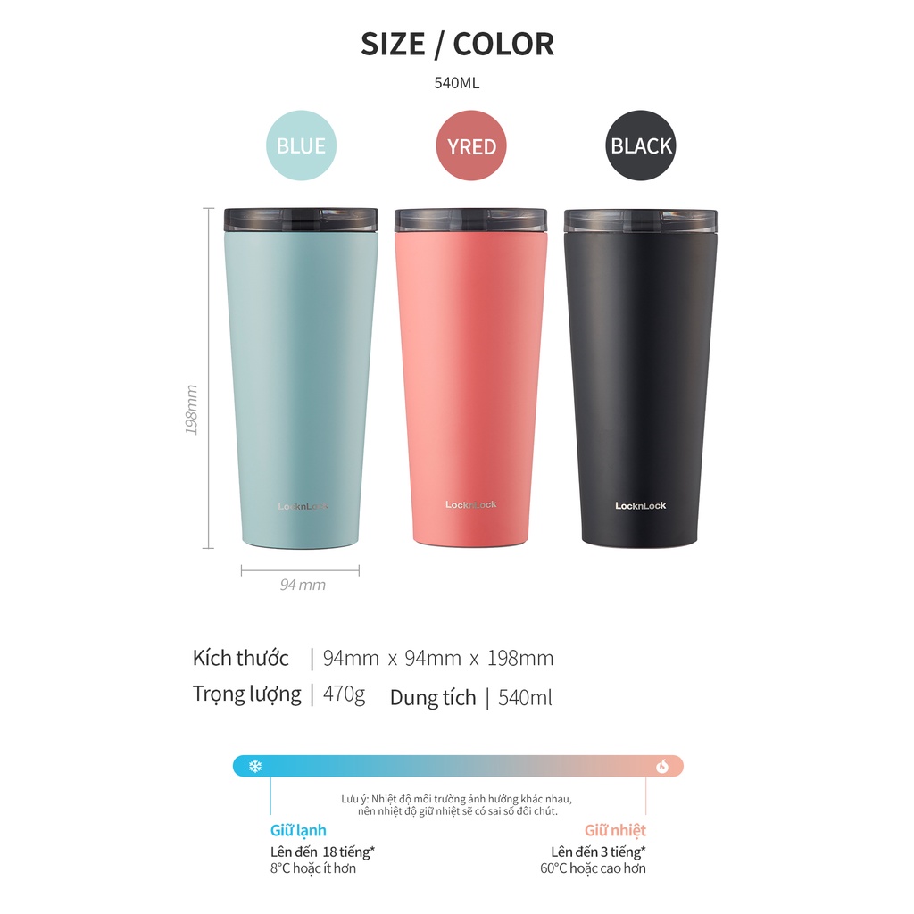 Bình giữ nhiệt LocknLock New Clip Tumbler màu đen LHC4279BLK 540ml, Hàng chính hãng, có 2 nắp thay thế - JoyMall