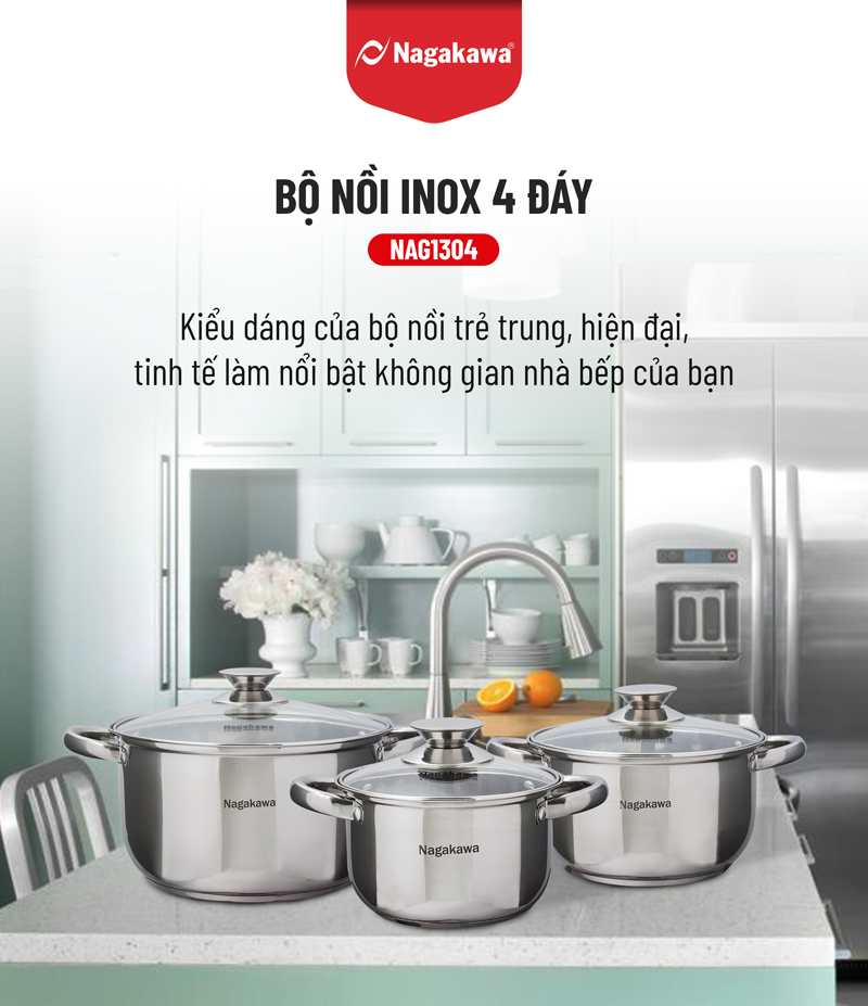 Bộ 3 Nồi Inox Cao Cấp 4 Đáy Nagakawa NAG1304 (16cm, 20cm, 24cm) Dùng Cho Mọi Loại Bếp - Hàng Chính Hãng