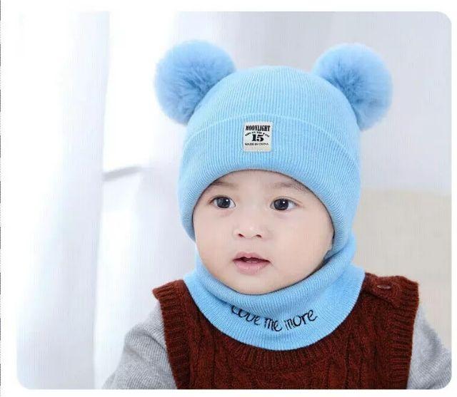 Bộ mũ gấu kèm khăn ống cho bé 0-12 tháng