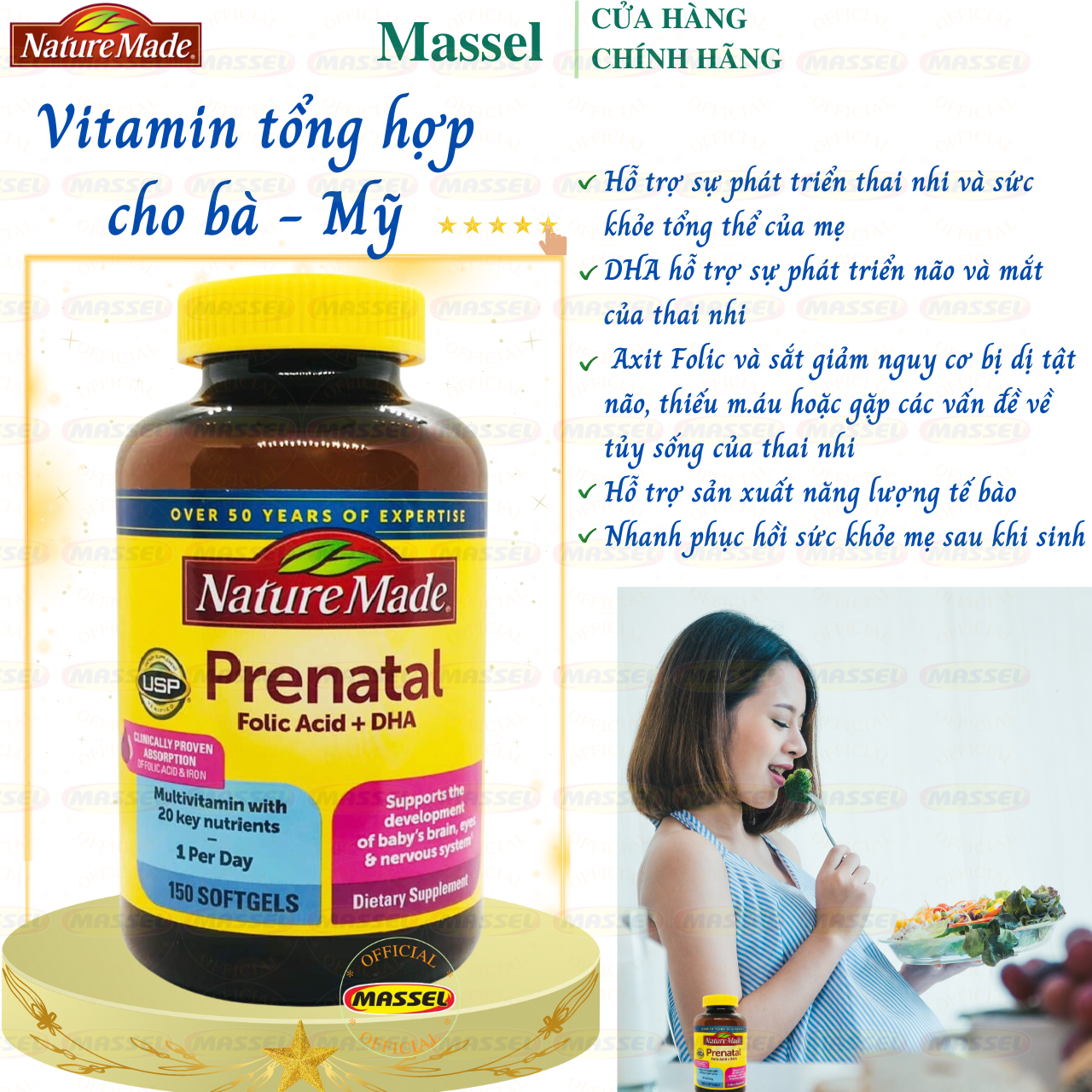 Vitamin cho bà bầu Prenatal Folic Acid+ DHA Nature Made giàu dinh dưỡng giúp mẹ khỏe, bé khỏe (Mỹ) - Massel Official