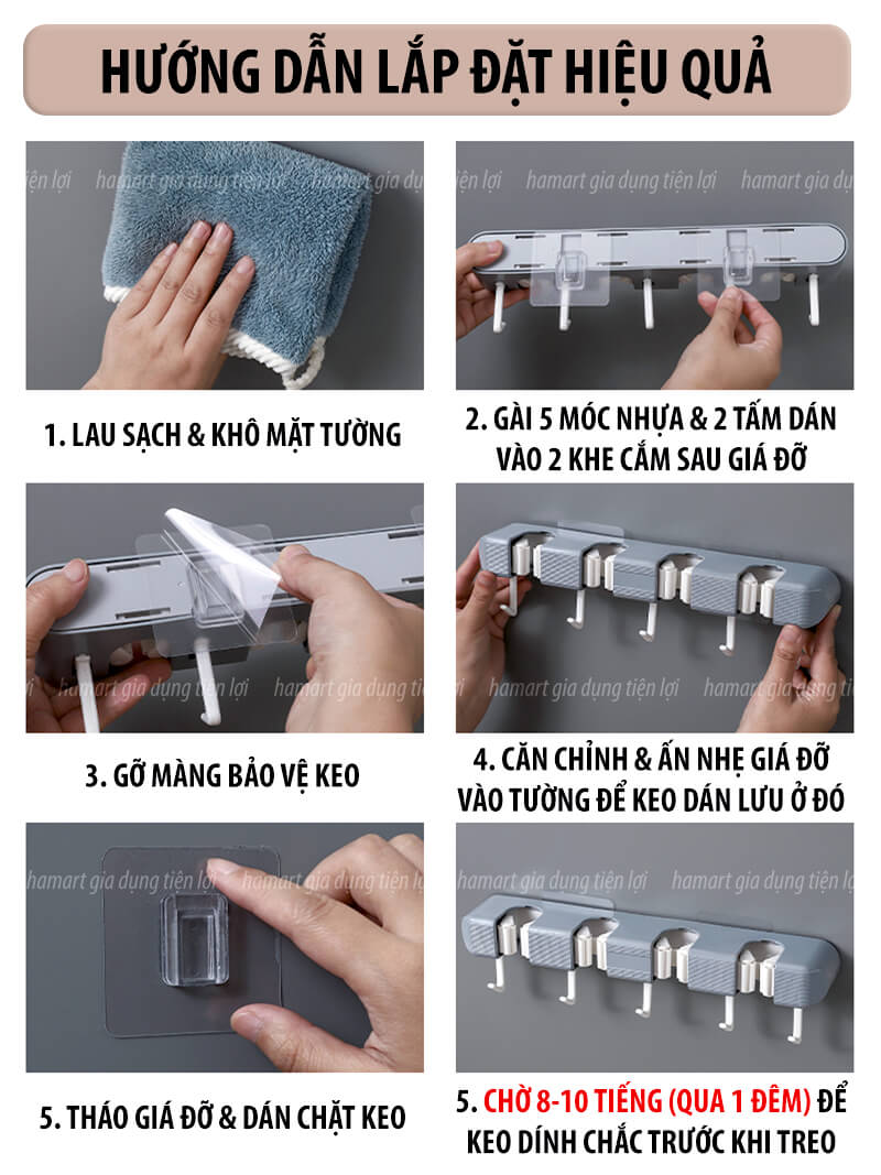 Giá Đỡ Chổi 4 Lỗ Kẹp Cây Lau Nhà 5 Móc Treo Khăn Bàn Chải Cọ Tắm Đa Năng Hamart Dán Tường Siêu Dính