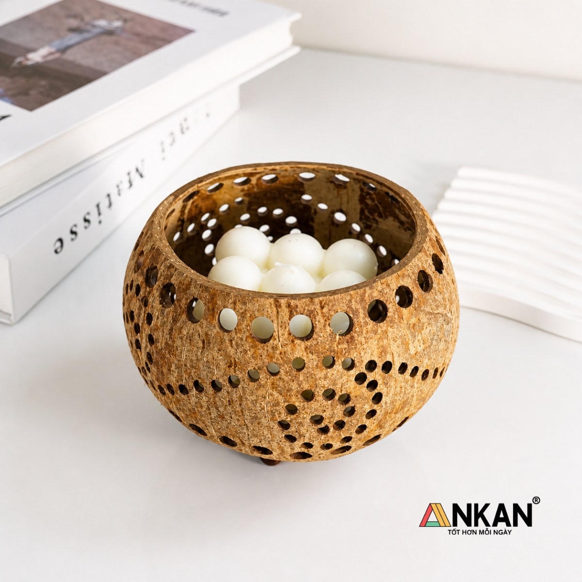 Đèn Nến Gáo Dừa ANKAN Họa Tiết Xoắn Ốc Tealight Decor Handmade Vintage – Trang Trí Spa, Cafe, Thư Giãn