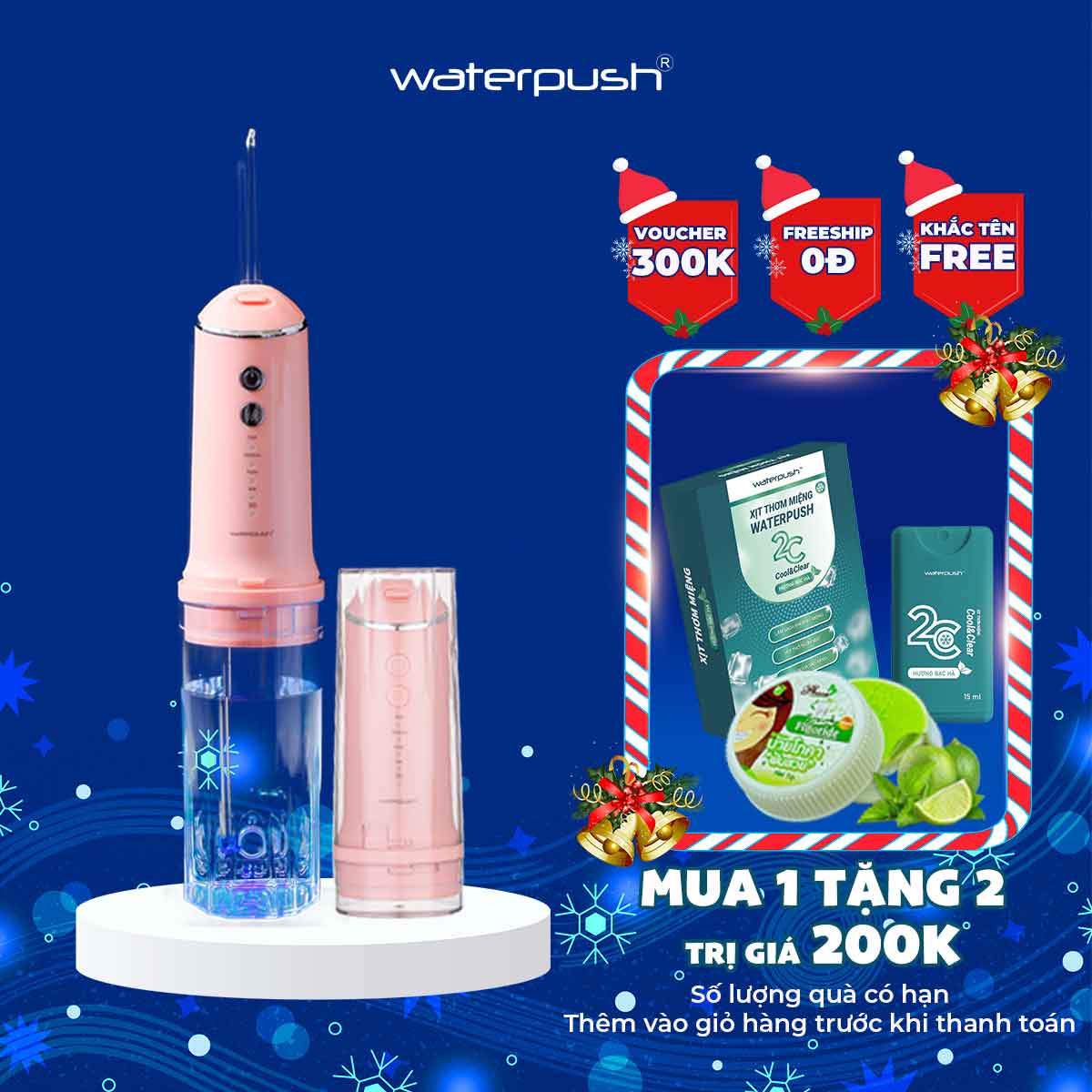 Máy tăm nước du lịch cao cấp WaterPush 1903 màu hồng - Bình chứa lớn 300ML