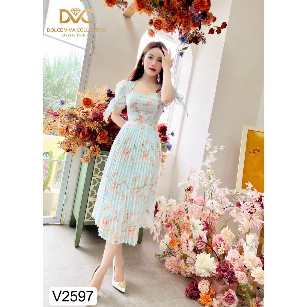 VÁY HOA XANH TAY BUỘC NƠ V2597 Đẹp Shop DVC