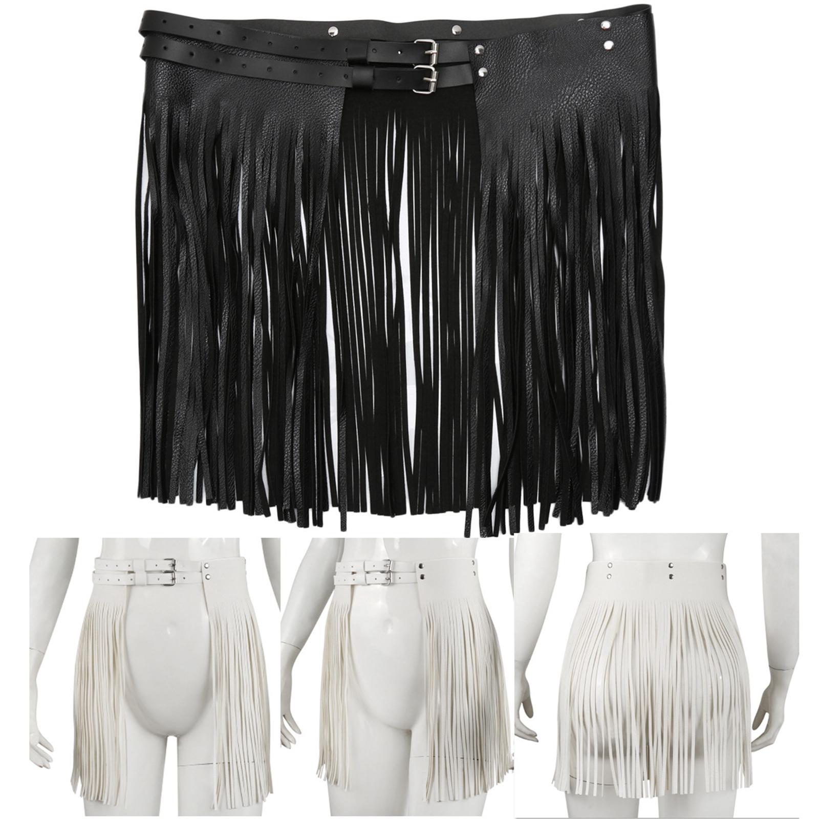 Women Punk Gothic Faux Leather Fringe Tassel Skirt Belt Clubwear Dance Dress