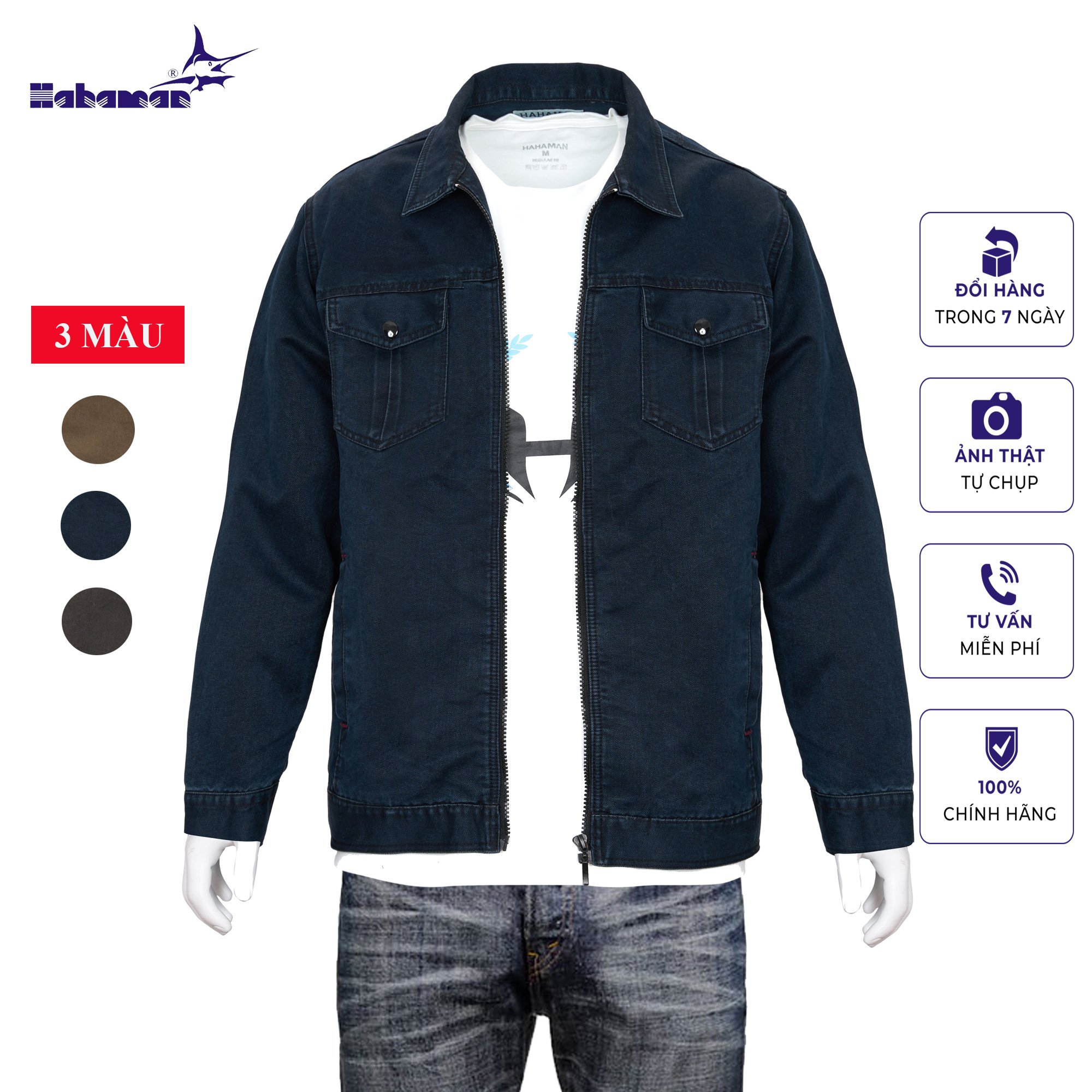 Áo khoác Kaki Jean nam HAHAMAN cao cấp 2 túi ngực, chất xịn dầy, hàng chính hãng KKJ3015