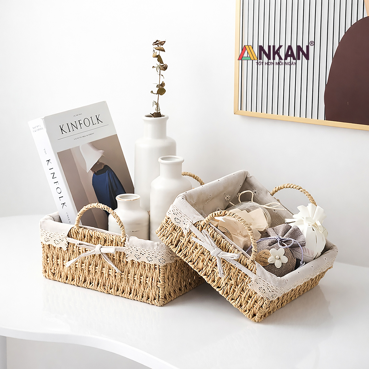 Giỏ Decor Hình Vuông Có Quai Xách – Đan Tay Thủ Công, Lót Vải Hoa Vintage, Trang Trí &amp; Đựng Đồ Đa Năng