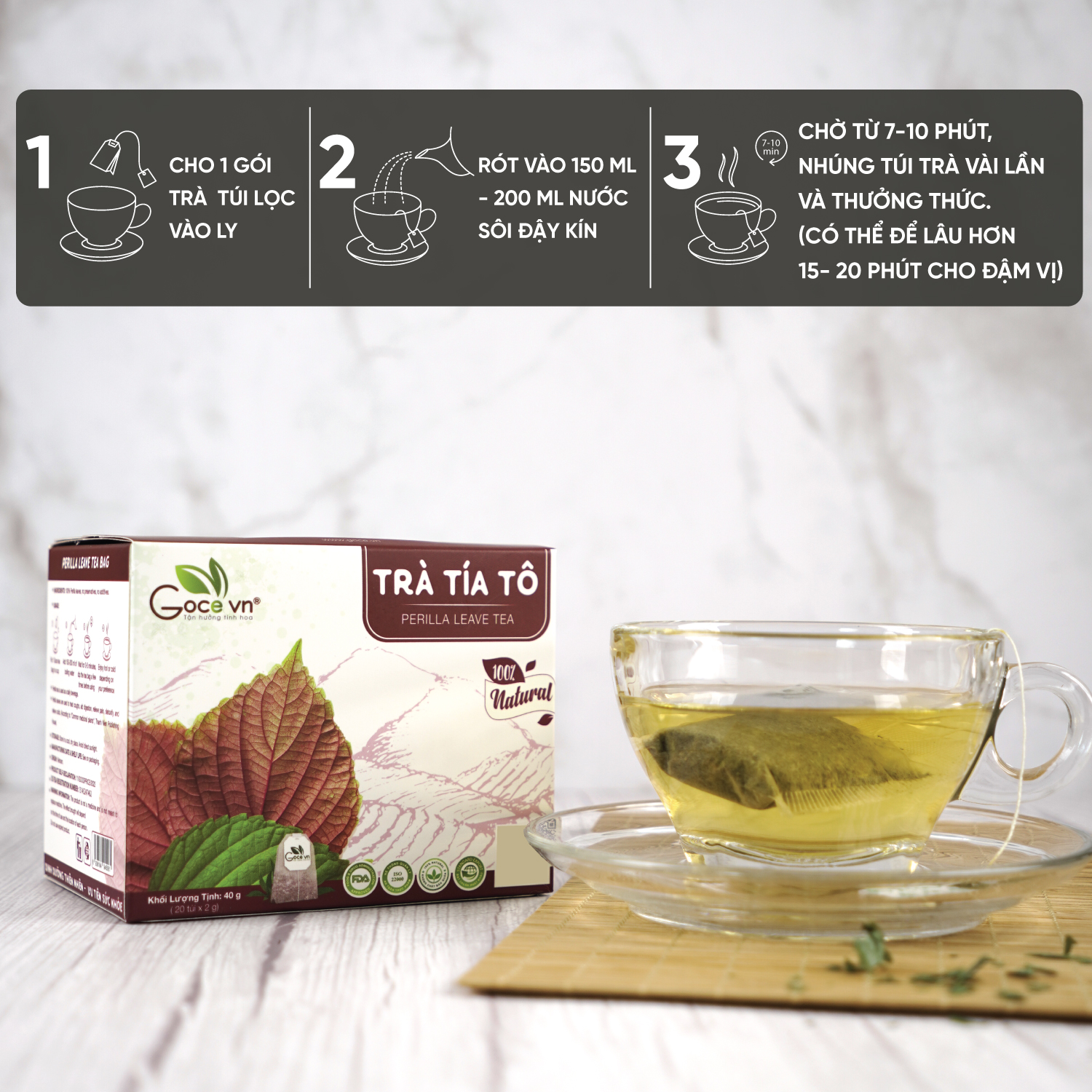 Combo Giải cảm, Giảm ho Goce (1 hộp Trà tía tô 40g, 1 hộp Bột tía tô 72g)