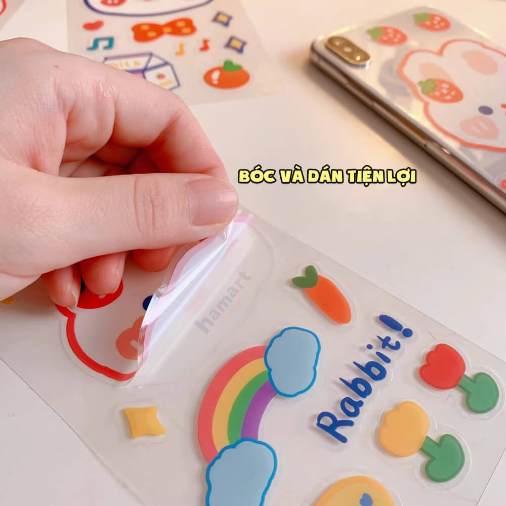 SET 6 Tờ 90 Nhãn Dán Sticker Thỏ Gấu Chuột PET Trong Suốt Cute Không Thấm Nước Trang Trí Dễ Thương - SET 6 Tờ Thỏ &amp; Gấu