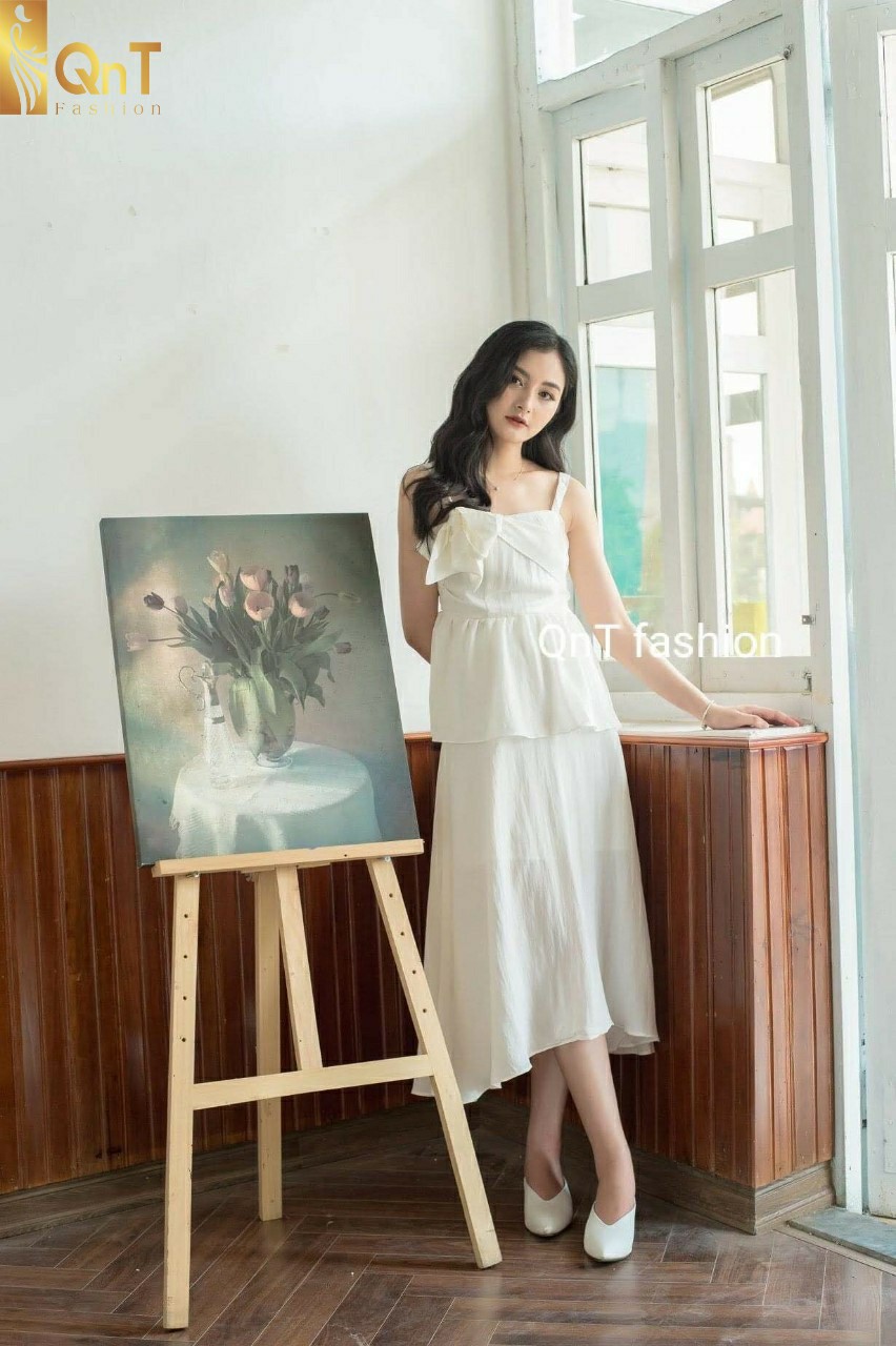 Set linen-áo 2 dây thắt nơ và chân váy xòe 2 lớp-Mặc hè xuân dạo phố,dạo biển,du lịch cực xinh và thoáng mát