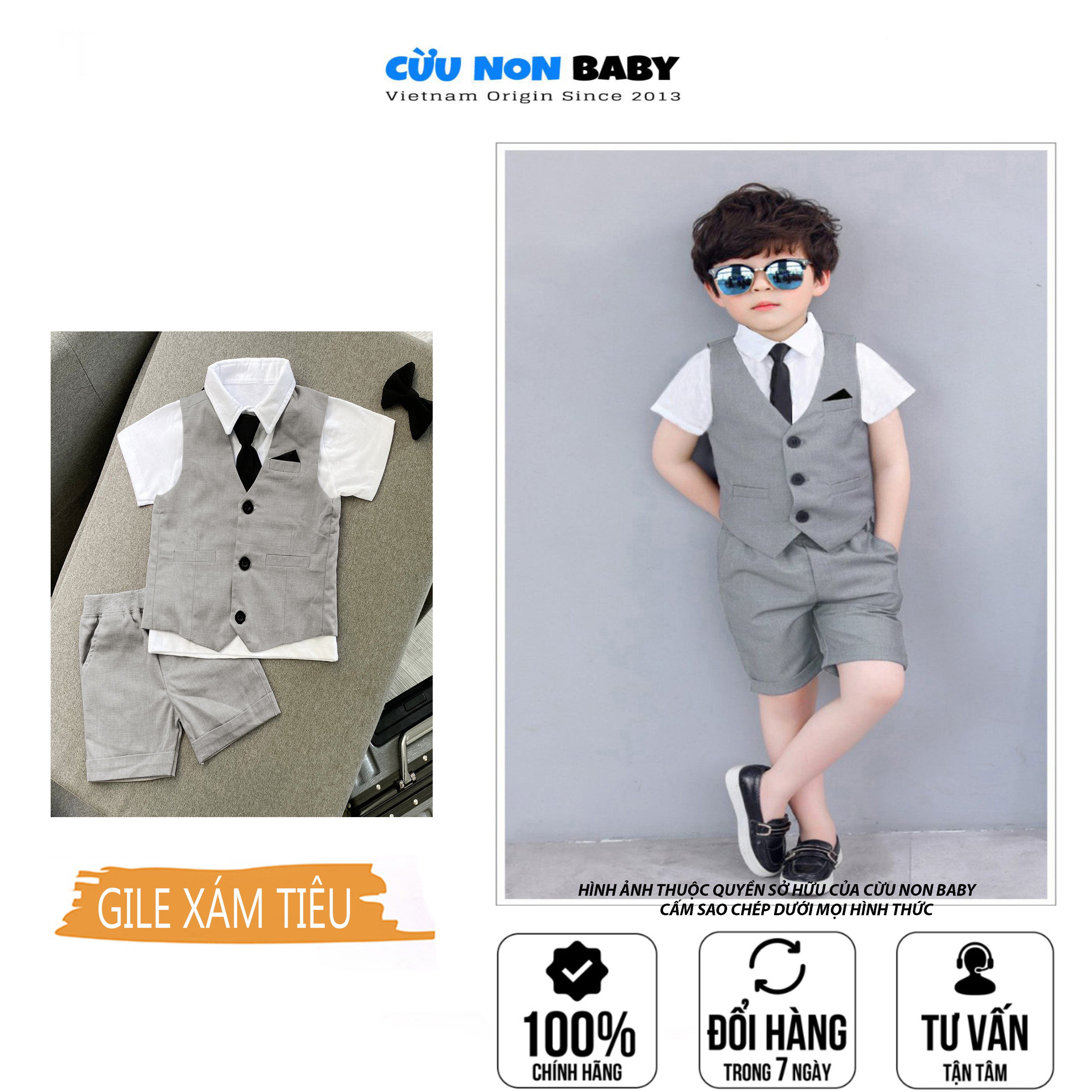 Bộ Vest Ghile Bé Trai Công Tử Bạc Liêu Sang Chảnh + Tặng kèm áo thun cổ sơmi - Xám TIêu
