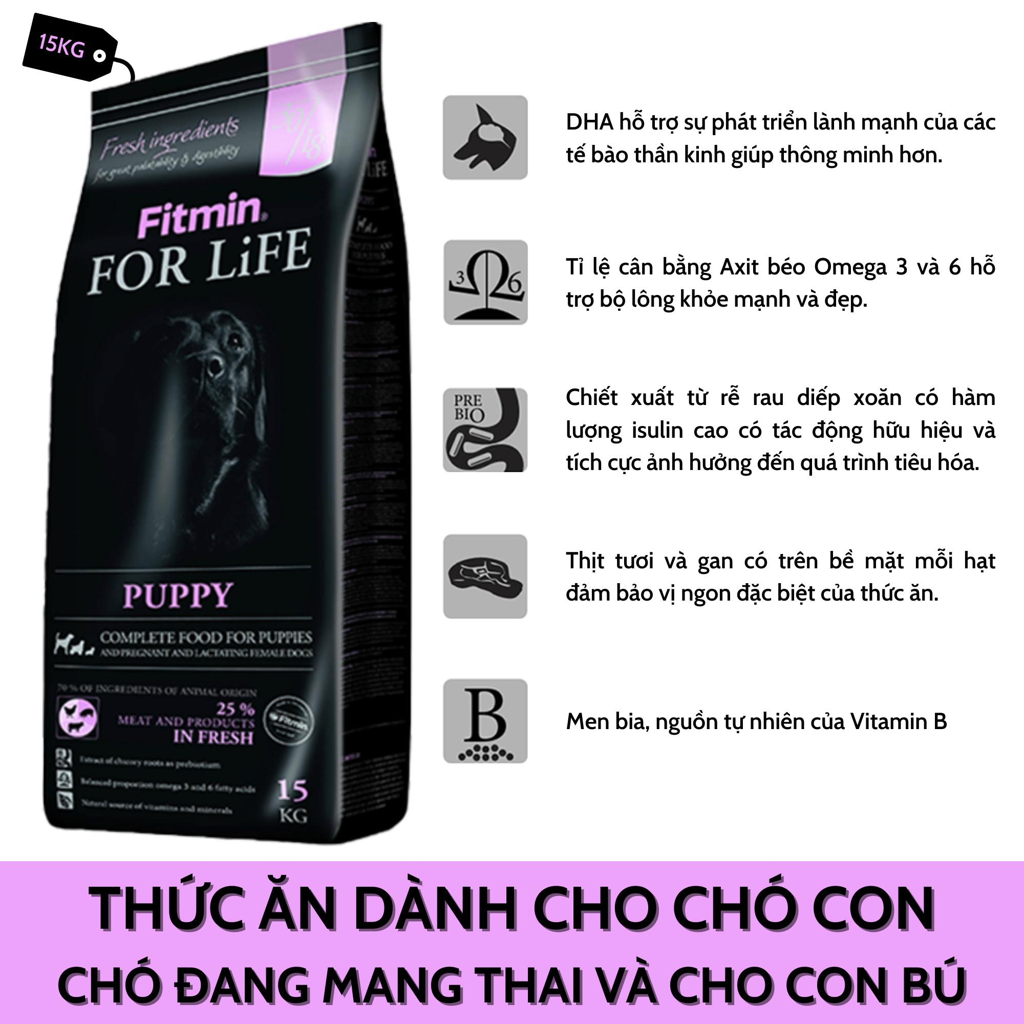 Thức Ăn Hảo Hạng Có Hơn 30% Thịt Tươi Dành Cho Chó Nhỏ, Chó Mang Thai Và Cho Con Bú Tất Cả Các Giống Fitmin Dog For Life Puppy All Breeds 15KG - TẶNG 1 Lon Pate Tươi Hello Dog Chicken Pate 850G