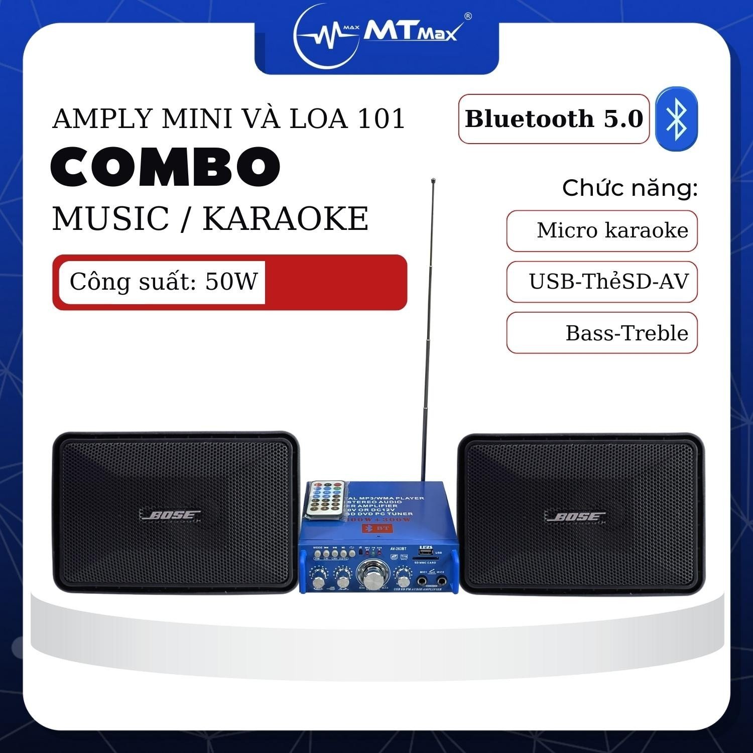 Combo Amply Mini AV263BT Và Loa Bose 101 - Nghe Nhạc - Hát Karaoke Kết Nối Không Dây Bluetooh Công Suất Tối Đa Của Amply Nghe Nhạc Là 20W Hàng Chính Hãng