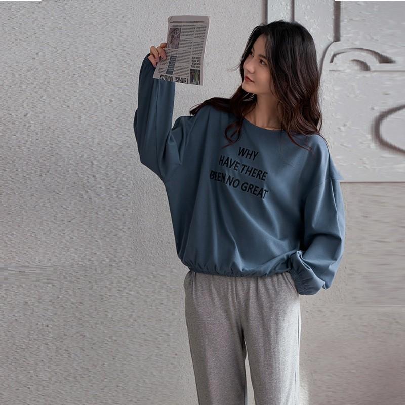 Bộ dài nữ mặc nhà thun cotton màu xanh ghi bo gấu vai buông
