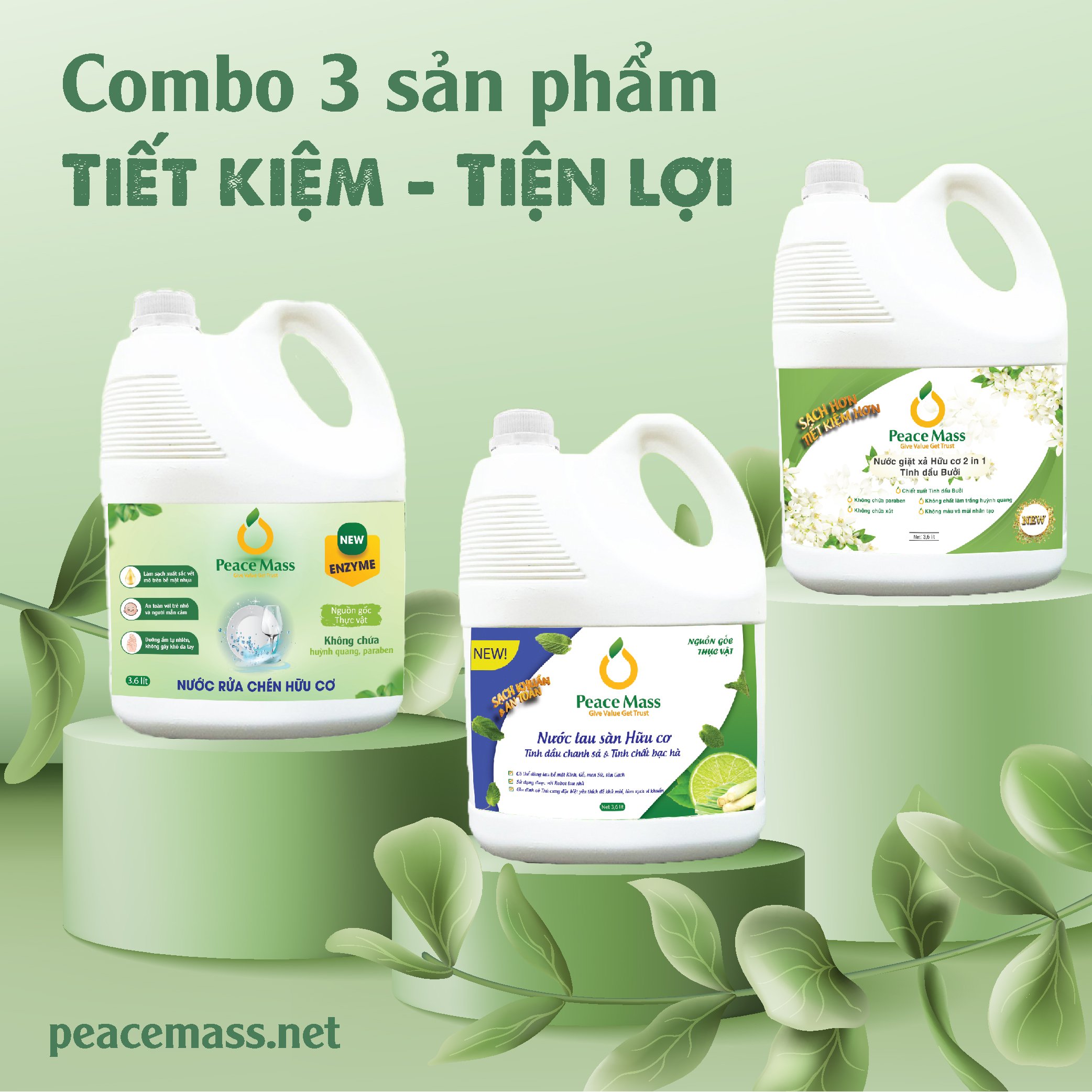 Combo Sản Phẩm Gốc Thực Vật NGB5 Peace Mass - Nước Giặt Xả 2 in 1 3.6l+ Nước Rửa Chén 3.6l + Nước Lau Sàn TD Chanh Sả - Bạc Hà 3.6l(Thuộc nhóm Sản phẩm Lành tính / Hữu cơ)